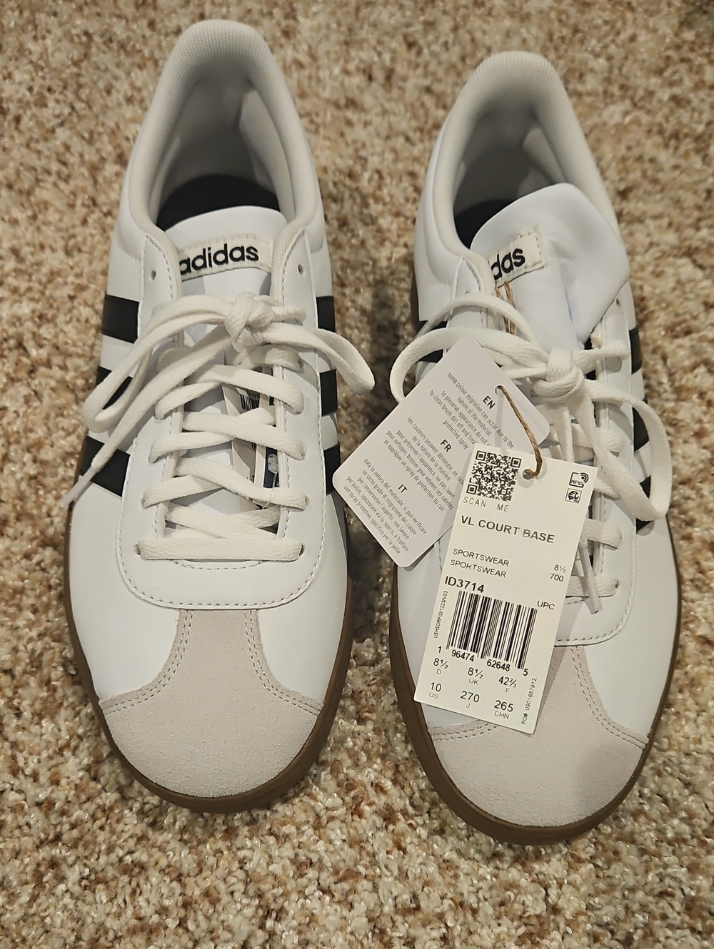 adidas women's VL Court Base Sneakers in White and Black with Gum Soles